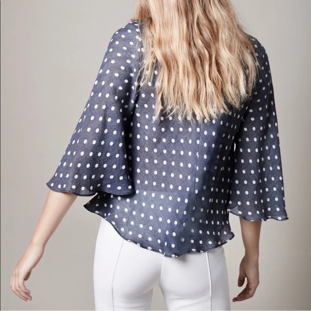 Smythe Bardot Blouse In Polka Dot Print Navy Blue Size XS - Picture 2 of 11